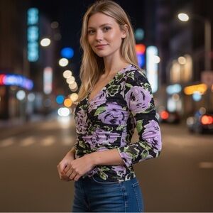 International Concepts Womens Fairy Y2K Mesh Babydoll Top L Sheer Artsy Roses